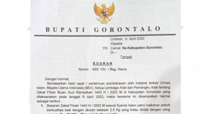 Edaran Bupati Gorontalo Tentang Besaran Zakat Fitrah 1443H, Rp30 Ribu per Orang