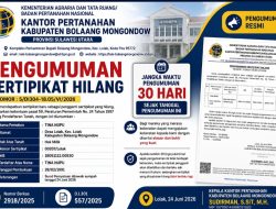 Kantor Pertanahan Bolmong Umumkan Permohonan Penerbitan Sertipikat Pengganti Atas Nama Tina Nupu